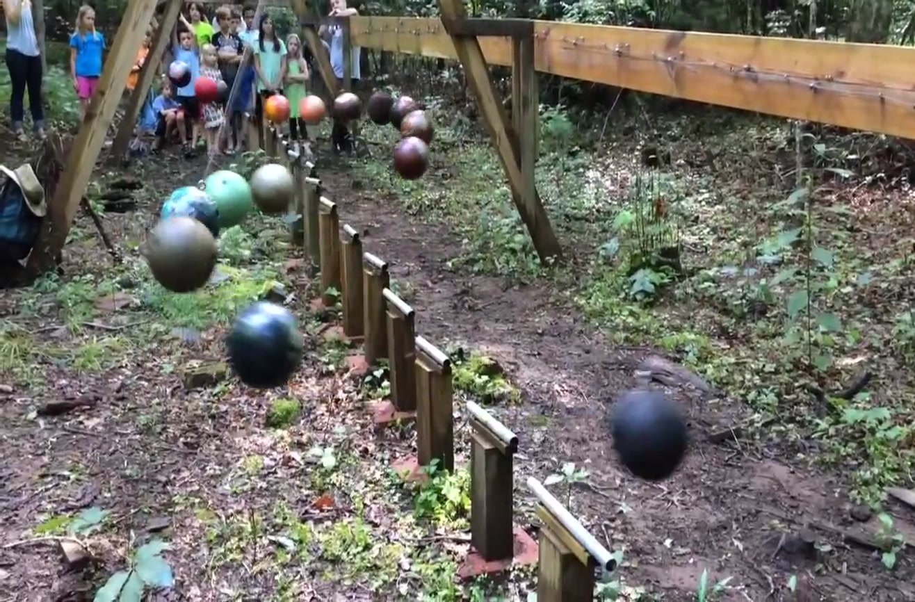 A pendulum wave demonstration with 16 bowling balls.