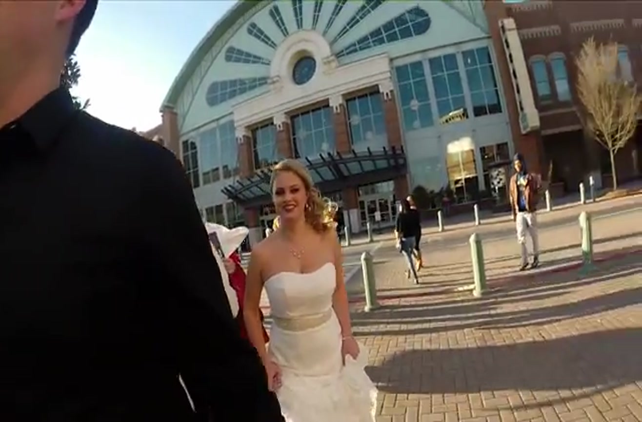 best friend surprises groom in wedding dress