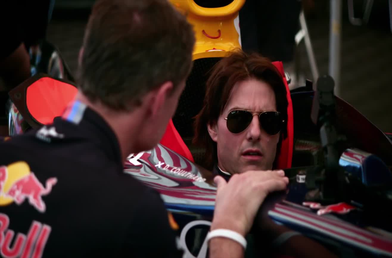 Tom Cruise test drives Red Bull Racing F1 car.