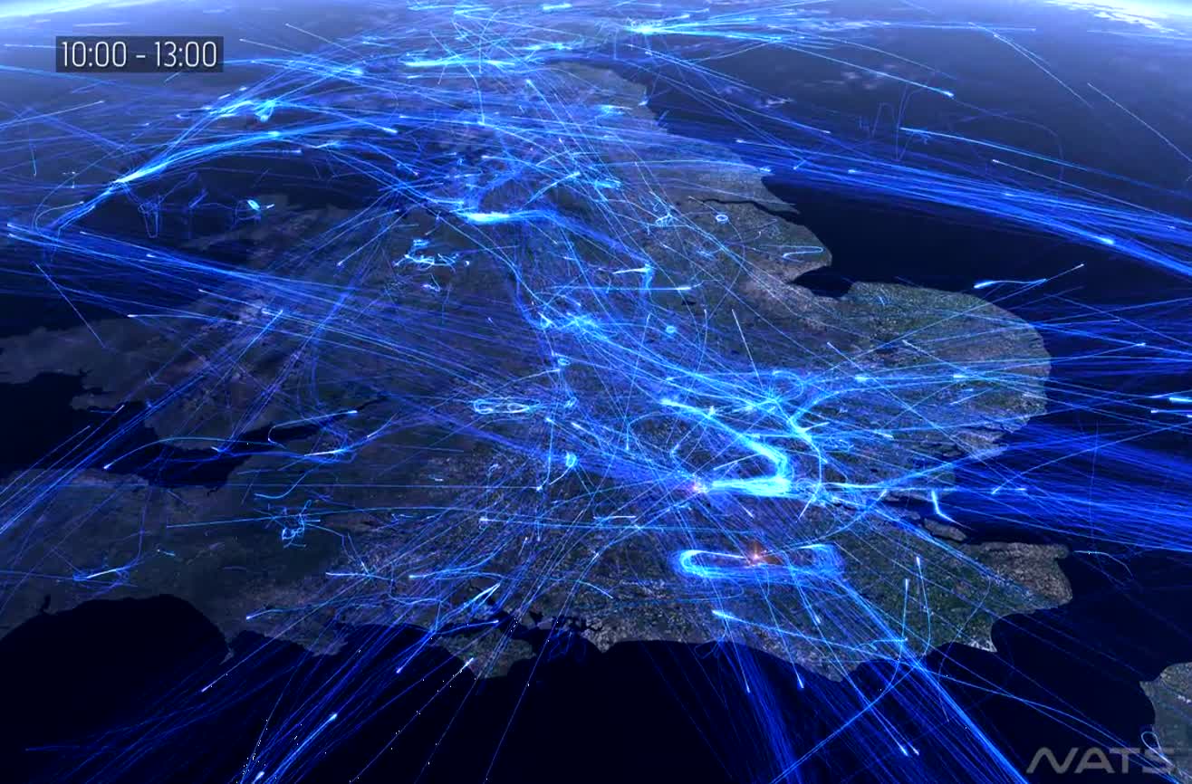 European air traffic in a 24-hour period visualized.