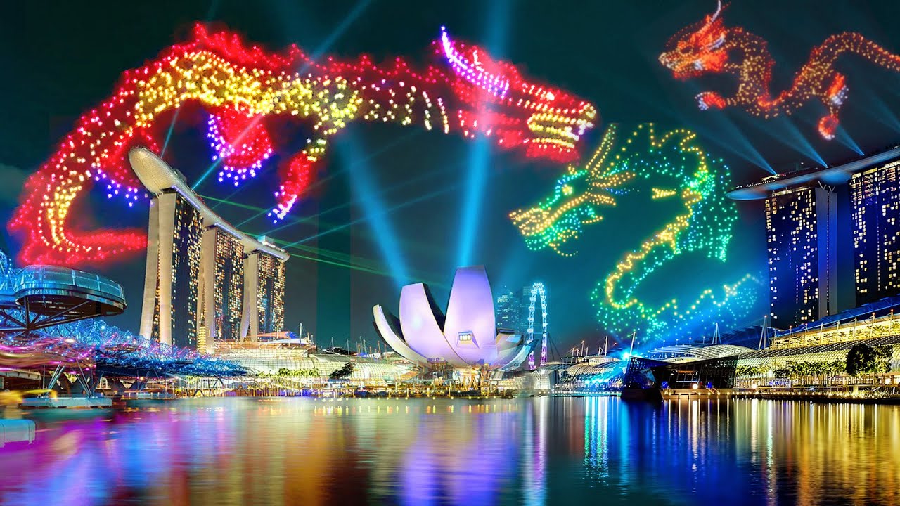 Singapore Marina Bay flying dragon drone show.